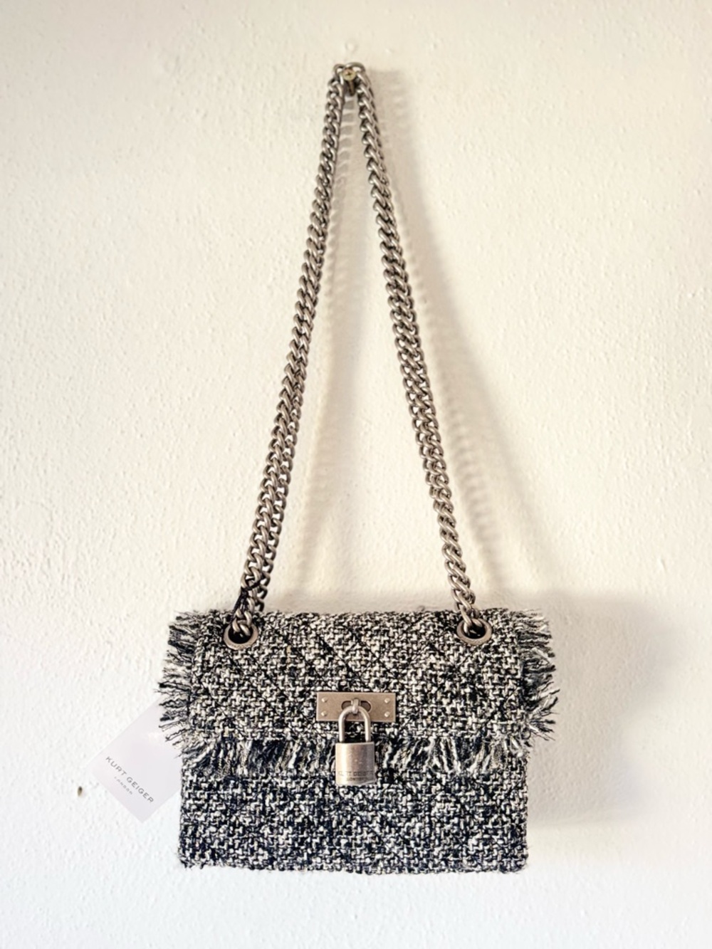 NWT Kurt Geiger T-Mini Brixton Lock Bag in a black and white tweed